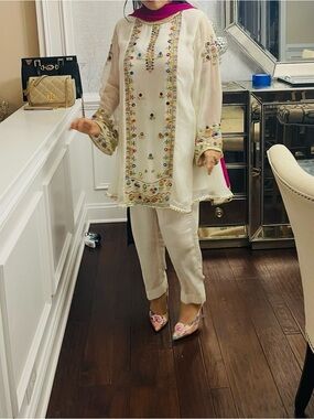 Embroidered White Cotton Blend Straight Pants - Women's
